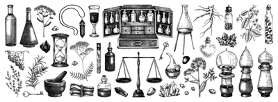 Vinatge apothecary hand-drawn vector illustrations. Antique apothecary box, scales, glassware, medicinal herb and healing plants sketches. NOT AI generated